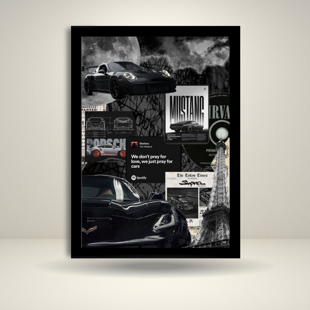 Car Collage Wall Frame | Porsche Mustang Supra Aesthetic Poster | Supercar Wall Art Décor | Gift for Car Lovers