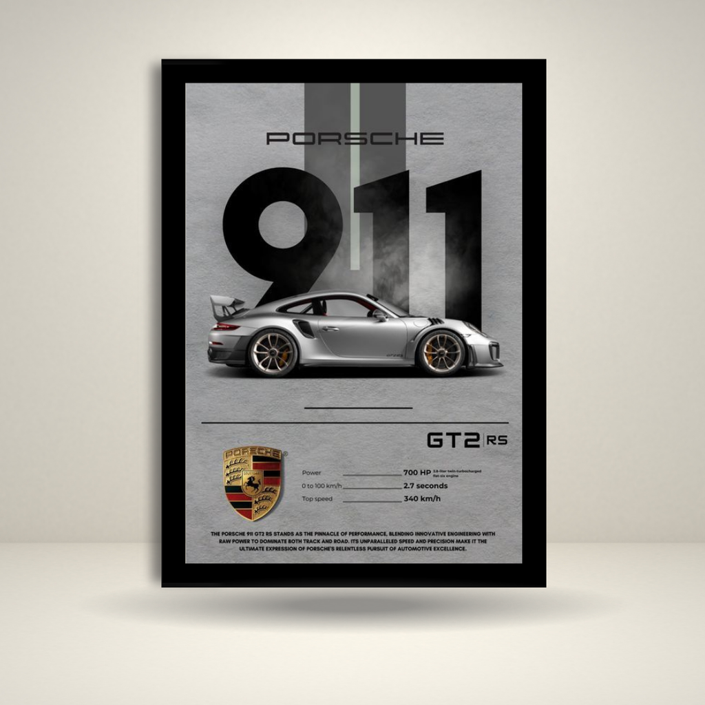 Porsche 911 GT2 RS Wall Frame | Supercar Poster | Sports Car Aesthetic Wall Art Décor | Gift for Car Enthusiasts