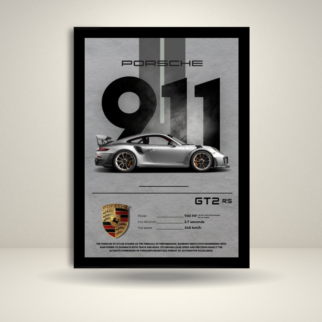 Porsche 911 GT2 RS Wall Frame | Supercar Poster | Sports Car Aesthetic Wall Art Décor | Gift for Car Enthusiasts