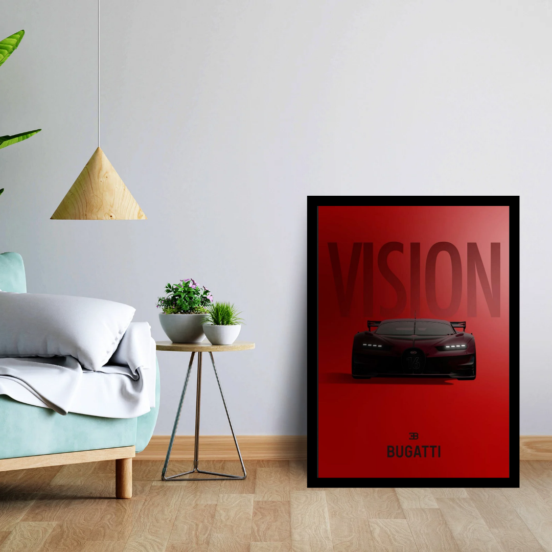 Bugatti Vision Wall Frame | Supercar Poster | Luxury Sports Car Wall Art | Premium Red Aesthetic Décor