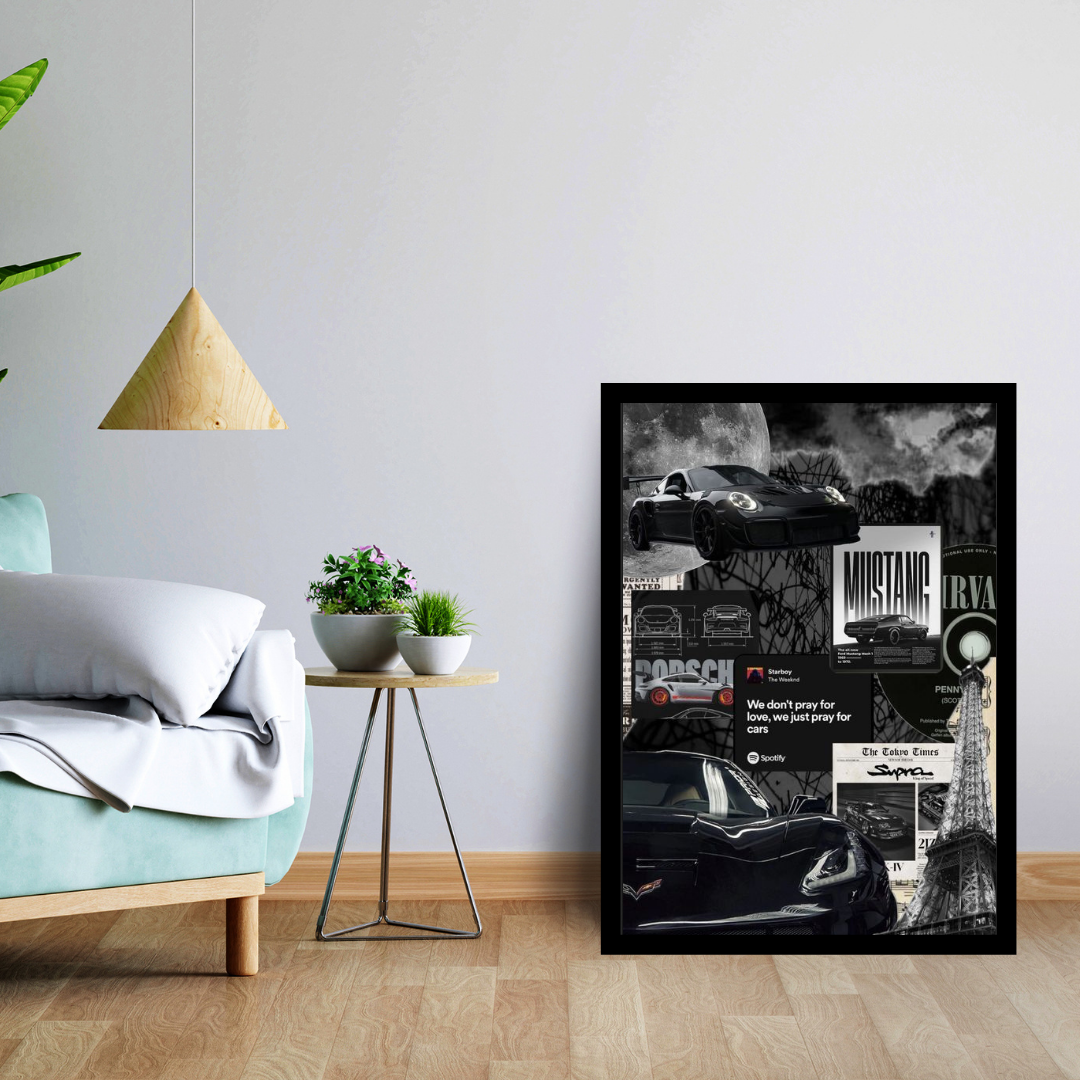 Car Collage Wall Frame | Porsche Mustang Supra Aesthetic Poster | Supercar Wall Art Décor | Gift for Car Lovers